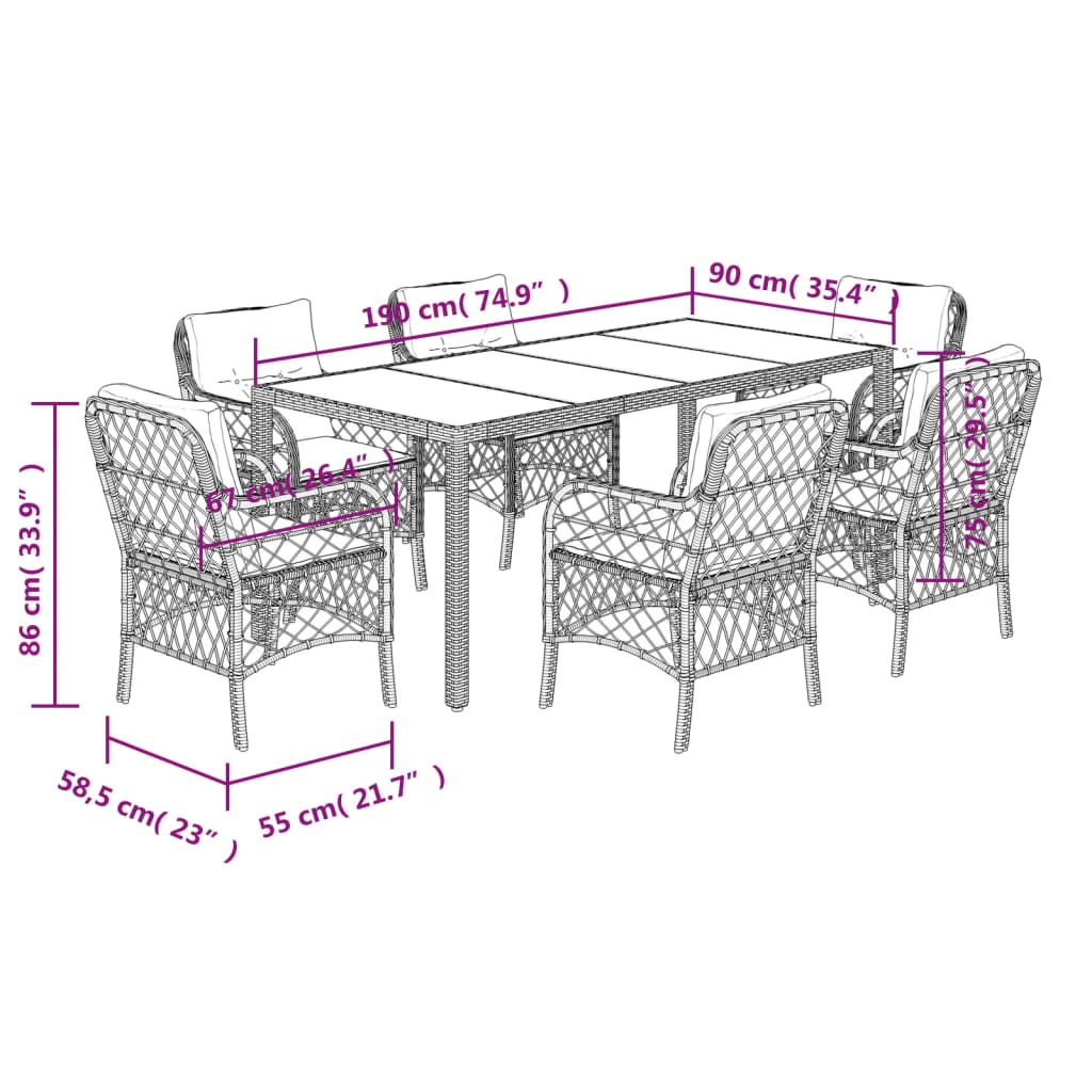 Set da Pranzo da Giardino 7 pz Nero con Cuscini in Polyrattan | homemem39