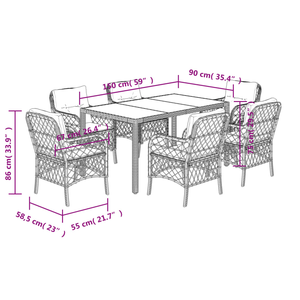 Set da Pranzo da Giardino 7 pz Nero con Cuscini in Polyrattan - homemem39