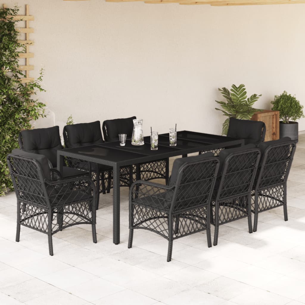 Set da Pranzo da Giardino 9 pz con Cuscini Nero in Polyrattan - homemem39
