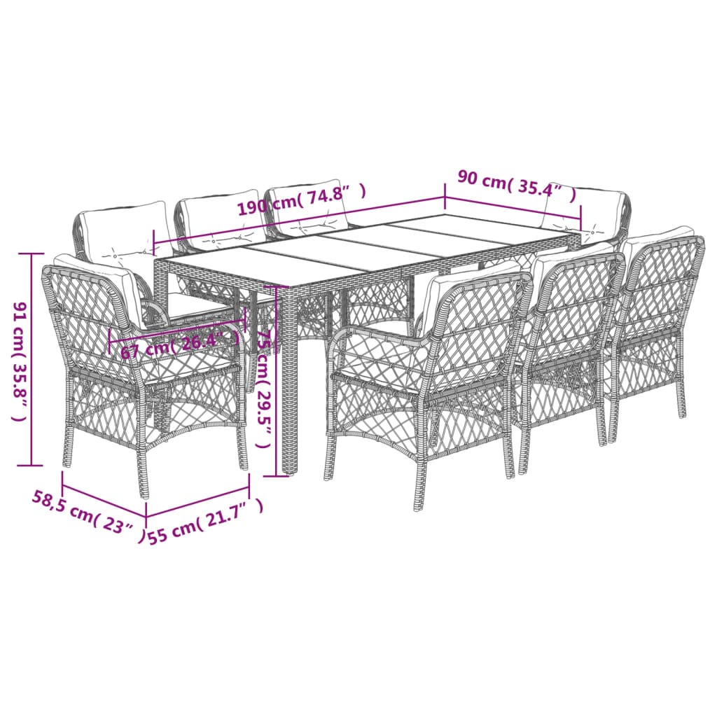Set da Pranzo da Giardino 9 pz con Cuscini in Polyrattan Grigio - homemem39