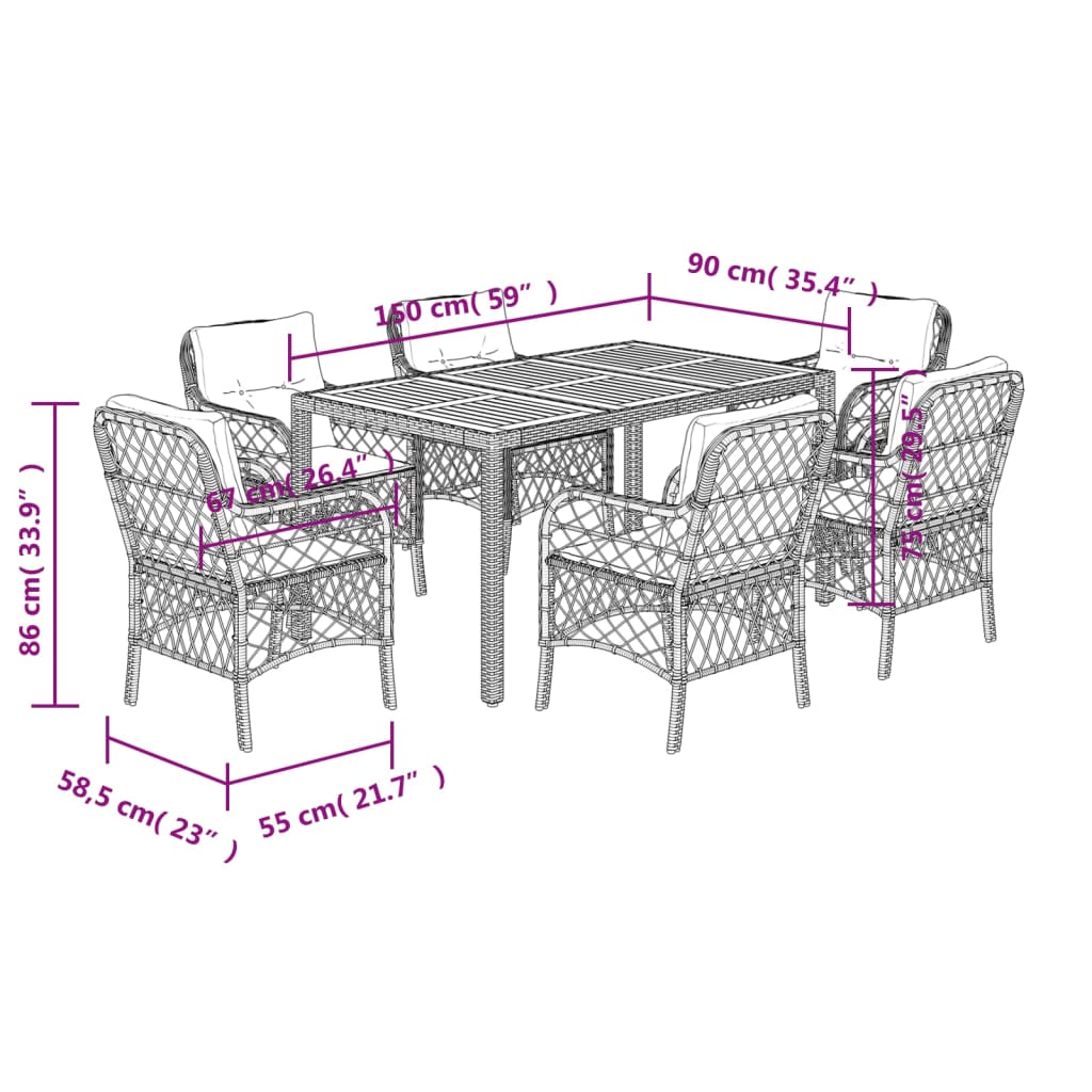 Set da Pranzo da Giardino 7 pz Nero con Cuscini in Polyrattan - homemem39