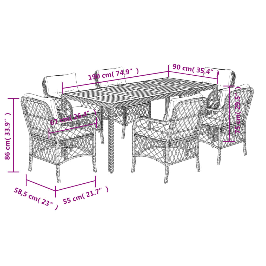 Set da Pranzo da Giardino 7 pz Nero con Cuscini in Polyrattan | homemem39