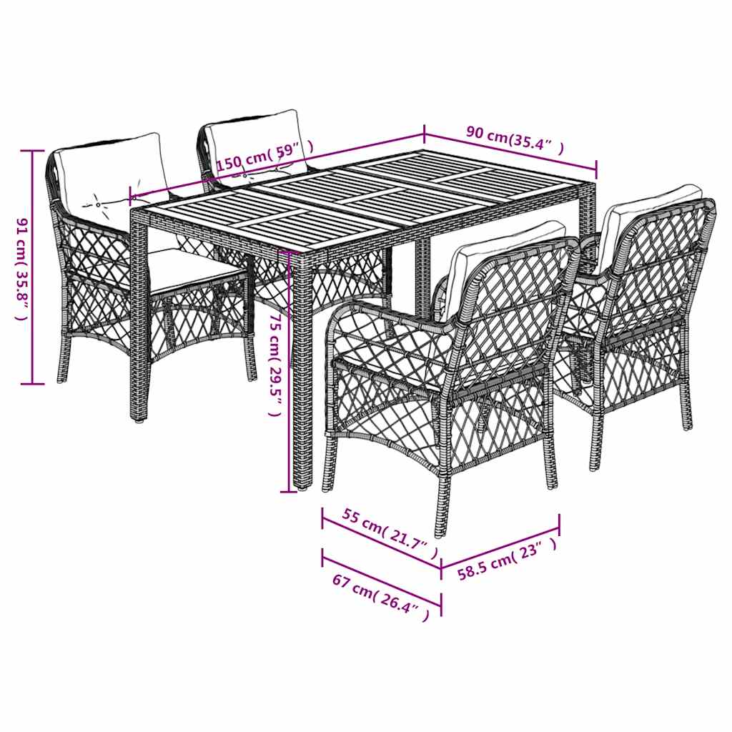 Set da Pranzo da Giardino 5 pz Nero con Cuscini in Polyrattan | homemem39