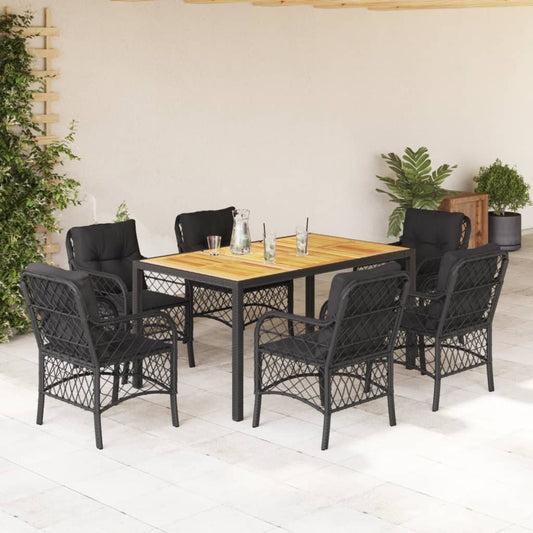 Set da Pranzo da Giardino 7 pz Nero con Cuscini in Polyrattan - homemem39