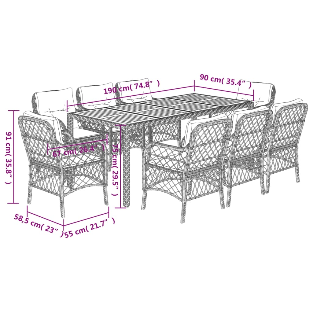 Set da Pranzo da Giardino 9 pz con Cuscini Nero in Polyrattan | homemem39