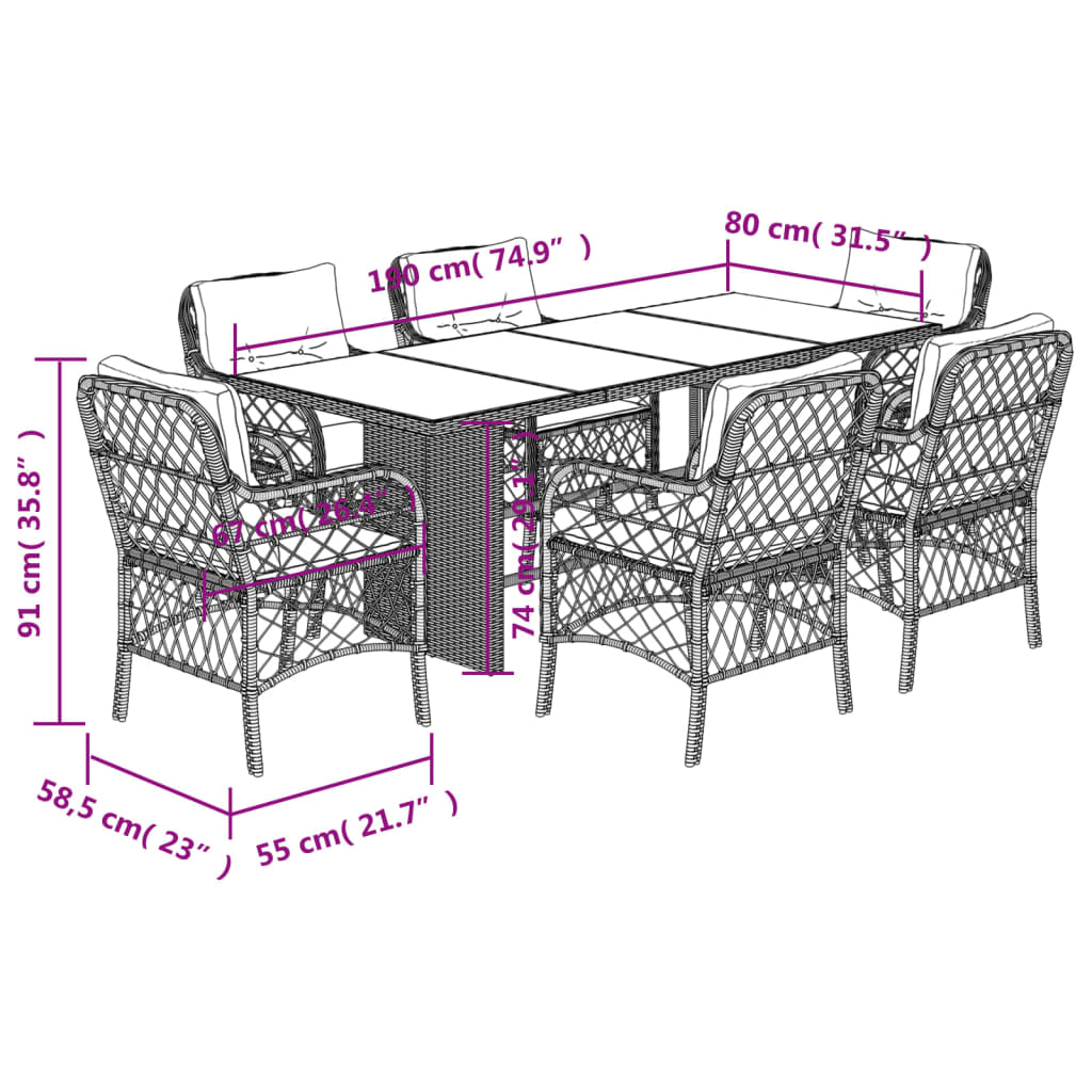 Set da Pranzo da Giardino 7 pz Nero con Cuscini in Polyrattan