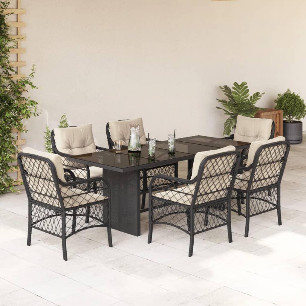 Set da Pranzo da Giardino 7 pz Nero con Cuscini in Polyrattan - homemem39