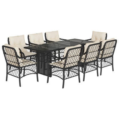 Set da Pranzo da Giardino 9 pz con Cuscini Nero in Polyrattan