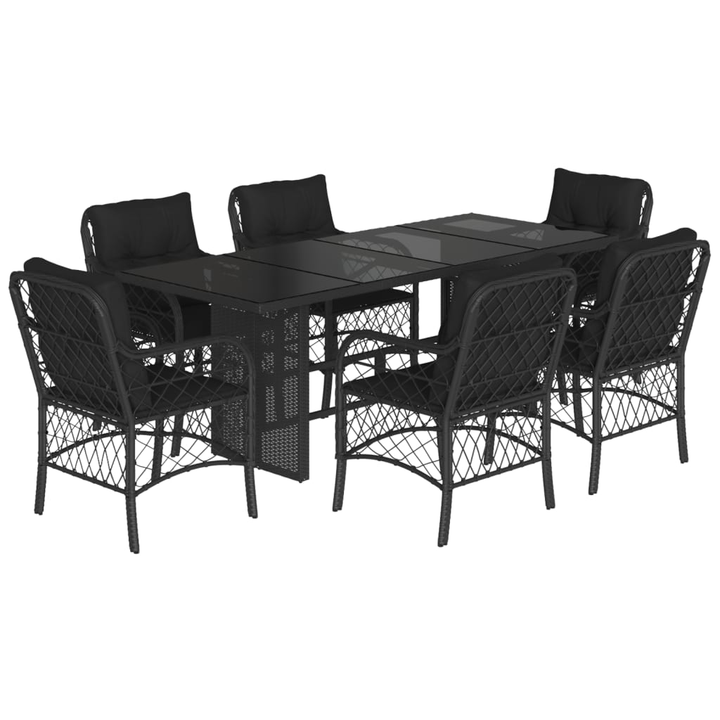 Set da Pranzo da Giardino 7 pz Nero con Cuscini in Polyrattan