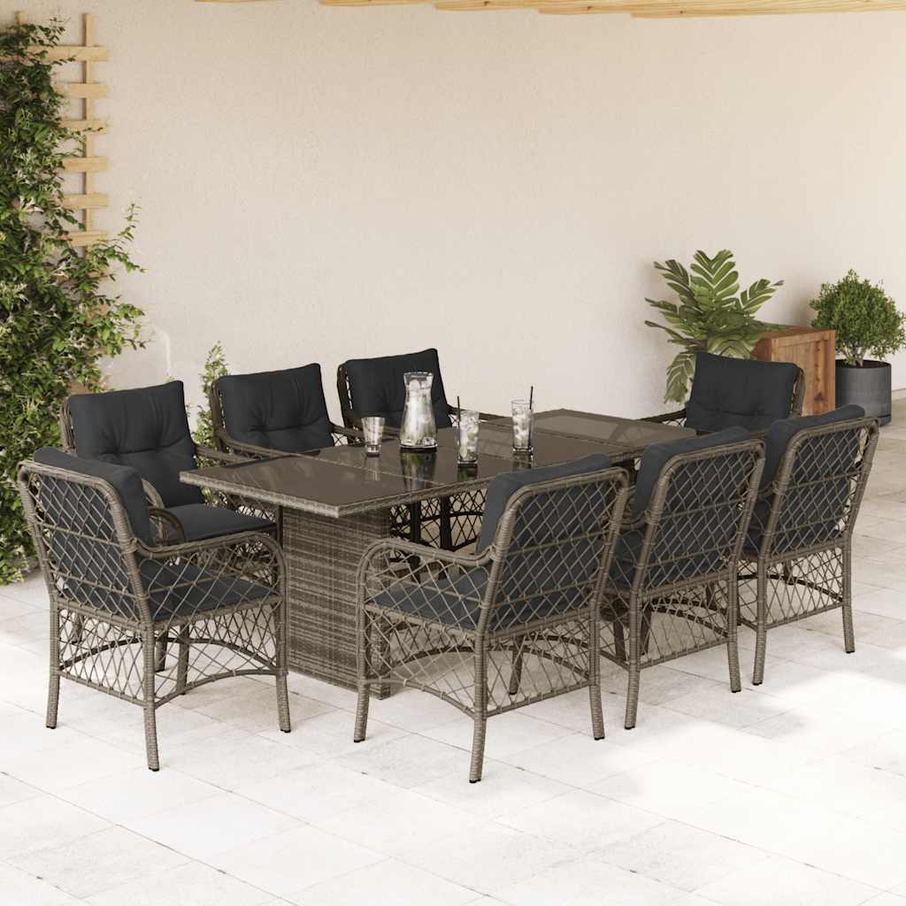 Set da Pranzo da Giardino 9 pz con Cuscini in Polyrattan Grigio - homemem39