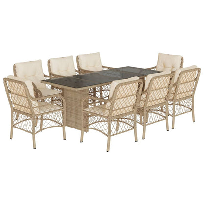 Set da Pranzo da Giardino 9 pz con Cuscini Beige in Polyrattan