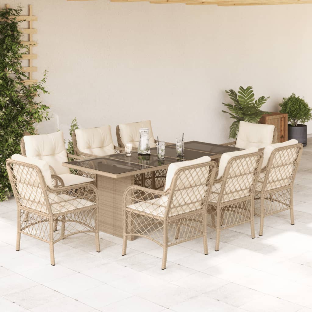 Set da Pranzo da Giardino 9 pz con Cuscini Beige in Polyrattan