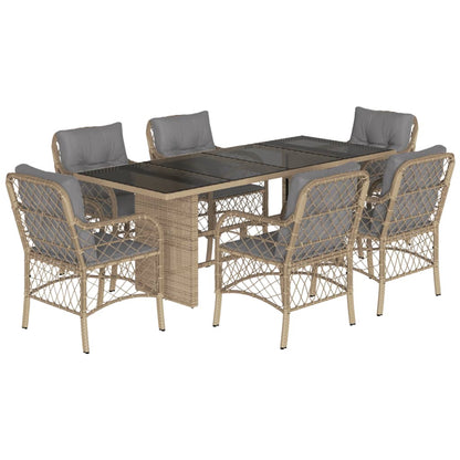 7 pc Garden Dining Set with Beige Polyrattan Mixed Cushions