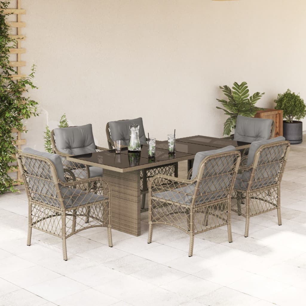 7 pc Garden Dining Set with Beige Polyrattan Mixed Cushions