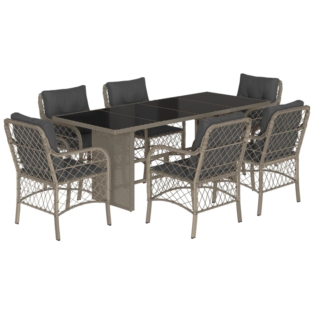 Set da Pranzo da Giardino 7 pz Cuscini Polyrattan Grigio Chiaro