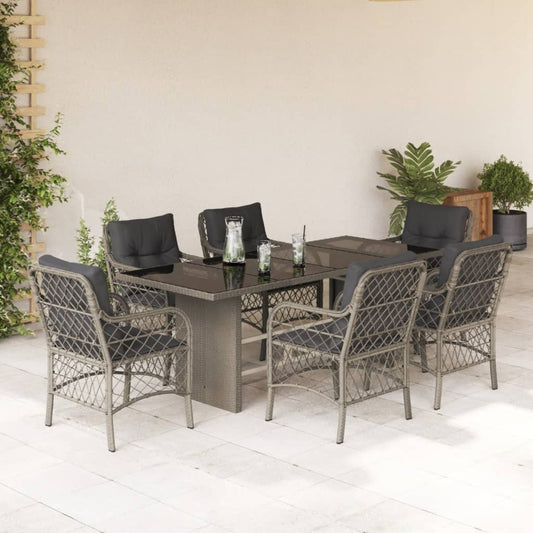 Set da Pranzo da Giardino 7 pz Cuscini Polyrattan Grigio Chiaro