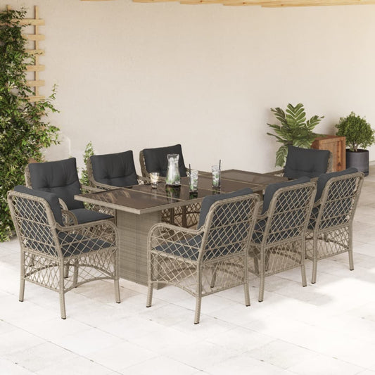 Set Pranzo da Giardino 9pz con Cuscini Grigio Chiaro Polyrattan