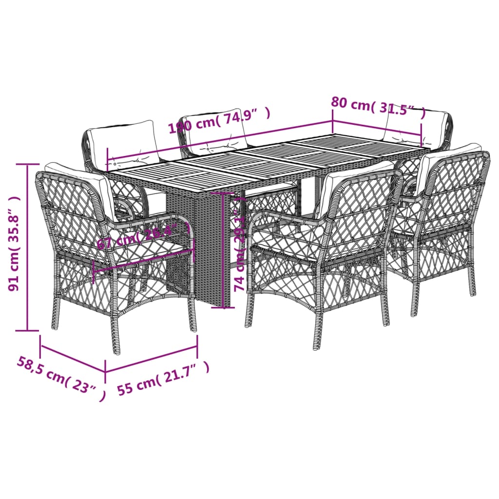 Set da Pranzo da Giardino 7 pz Nero con Cuscini in Polyrattan