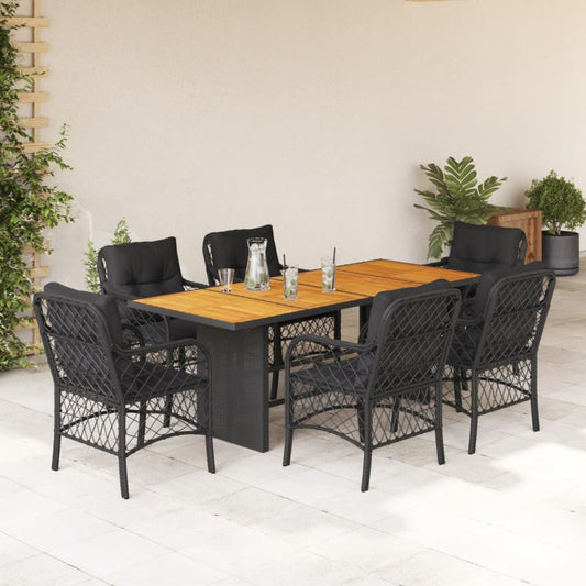 Set da Pranzo da Giardino 7 pz Nero con Cuscini in Polyrattan