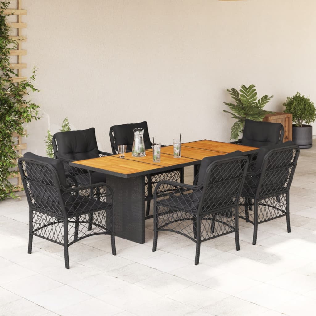 Set da Pranzo da Giardino 7 pz Nero con Cuscini in Polyrattan - homemem39