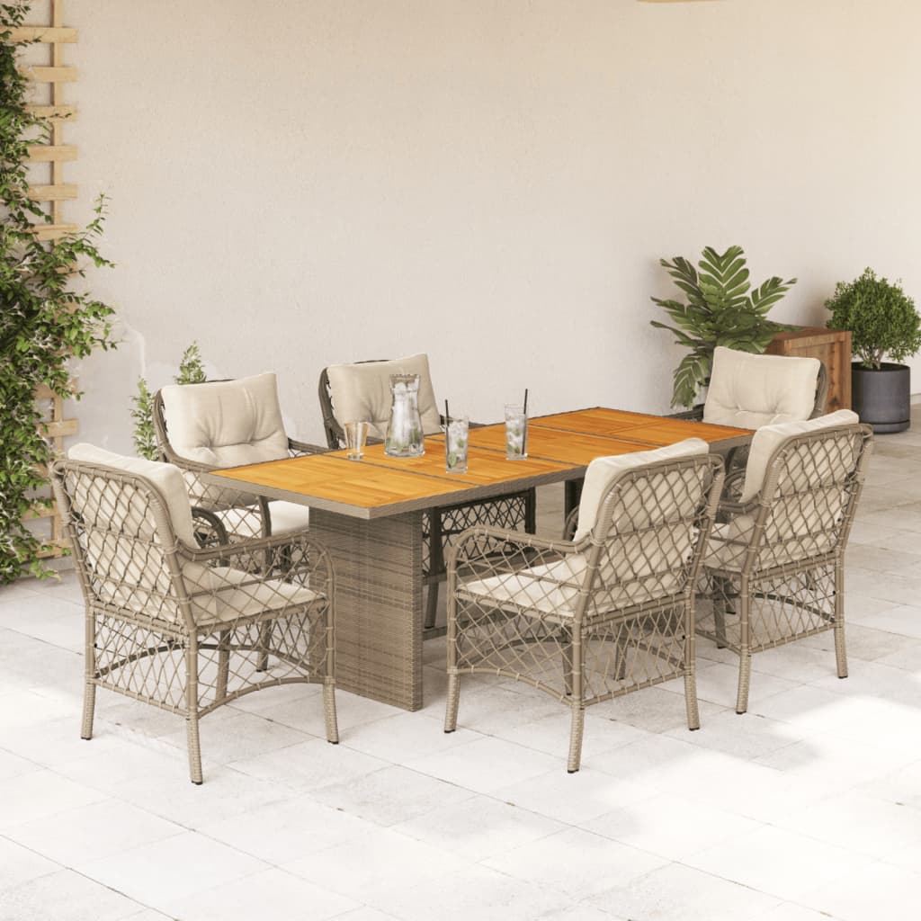 Set da Pranzo da Giardino 7 pz con Cuscini Beige in Polyrattan