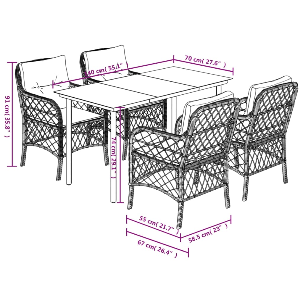 Set da Pranzo da Giardino 5 pz Nero con Cuscini in Polyrattan - homemem39