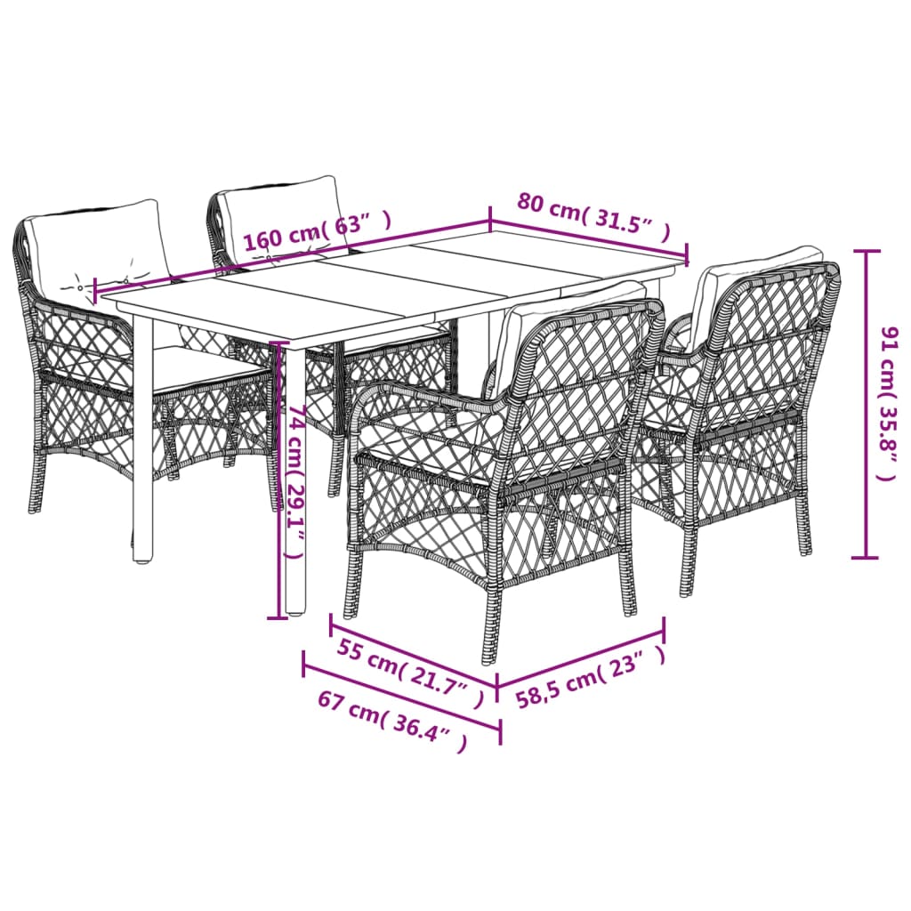 Set da Pranzo da Giardino 5 pz Nero con Cuscini in Polyrattan - homemem39