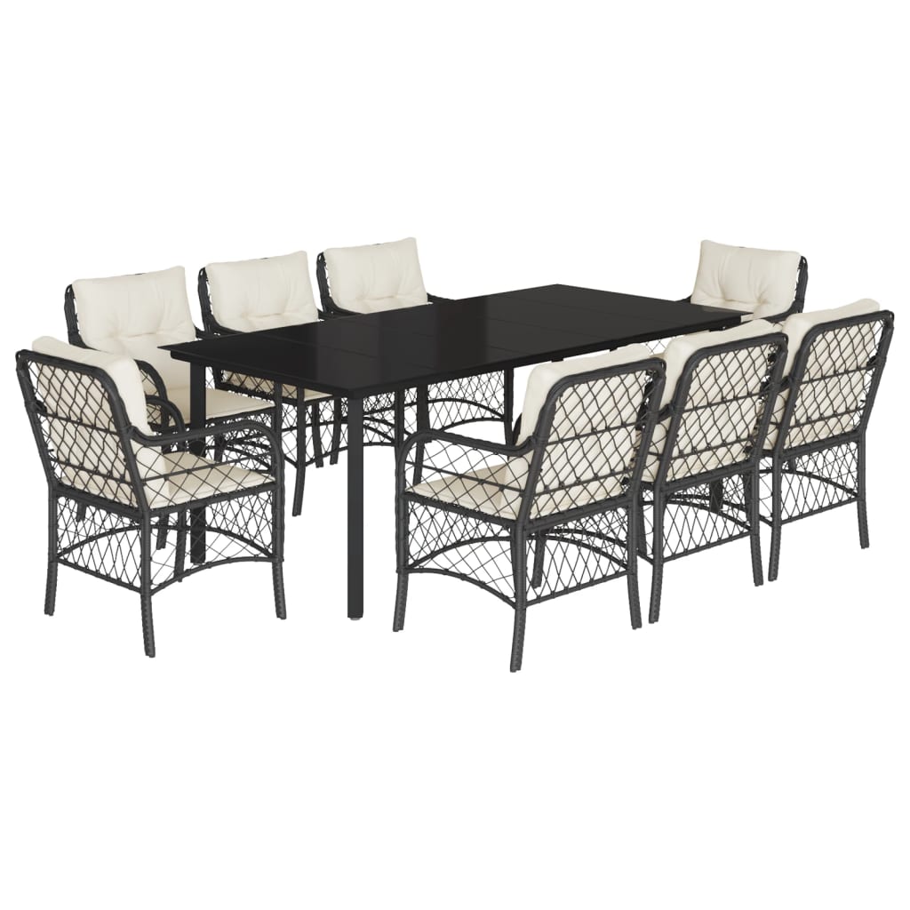 Set da Pranzo da Giardino 9 pz con Cuscini Nero in Polyrattan - homemem39