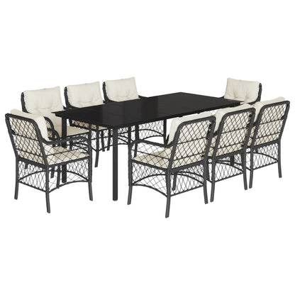 Set da Pranzo da Giardino 9 pz con Cuscini Nero in Polyrattan - homemem39
