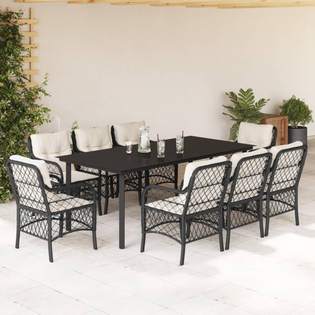 Set da Pranzo da Giardino 9 pz con Cuscini Nero in Polyrattan - homemem39