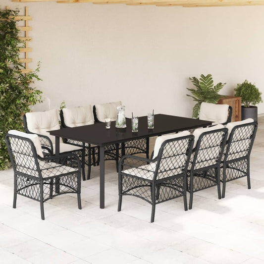 Set da Pranzo da Giardino 9 pz con Cuscini Nero in Polyrattan - homemem39