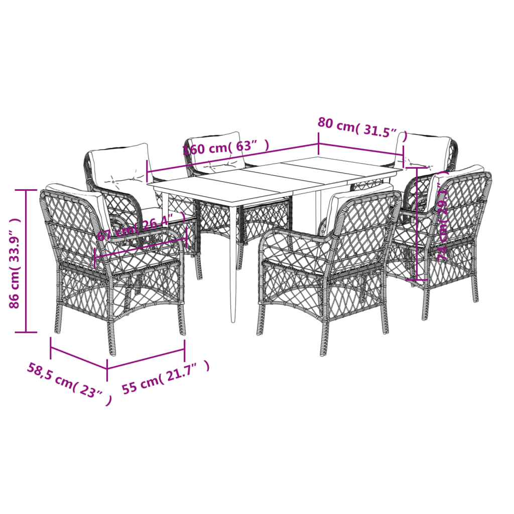 Set da Pranzo da Giardino 7 pz Nero con Cuscini in Polyrattan - homemem39