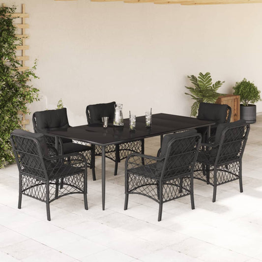 Set da Pranzo da Giardino 7 pz Nero con Cuscini in Polyrattan - homemem39