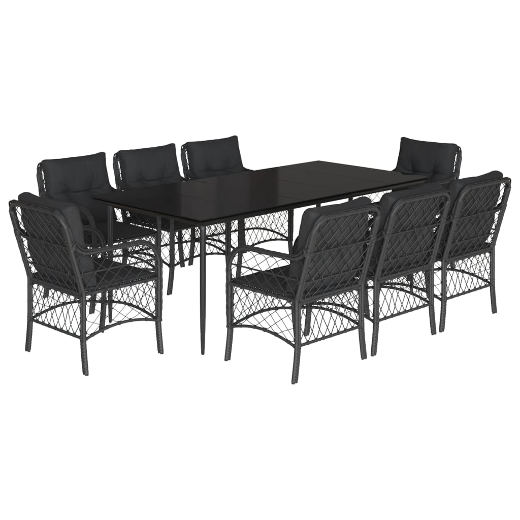 Set da Pranzo da Giardino 9 pz con Cuscini Nero in Polyrattan - homemem39