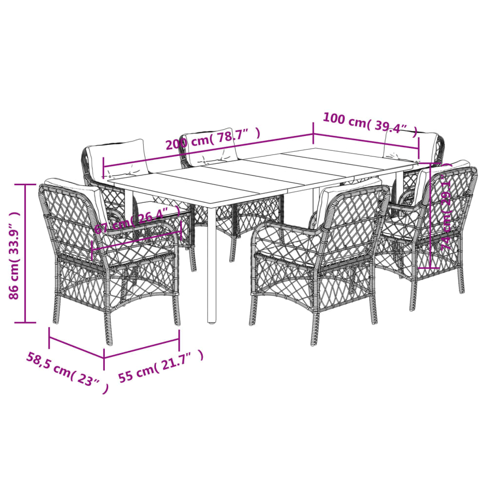 Set da Pranzo da Giardino 7 pz Nero con Cuscini in Polyrattan - homemem39