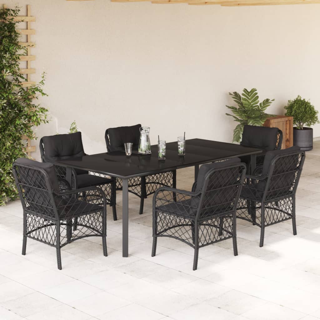 Set da Pranzo da Giardino 7 pz Nero con Cuscini in Polyrattan - homemem39