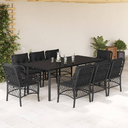Set da Pranzo da Giardino 9 pz con Cuscini Nero in Polyrattan - homemem39