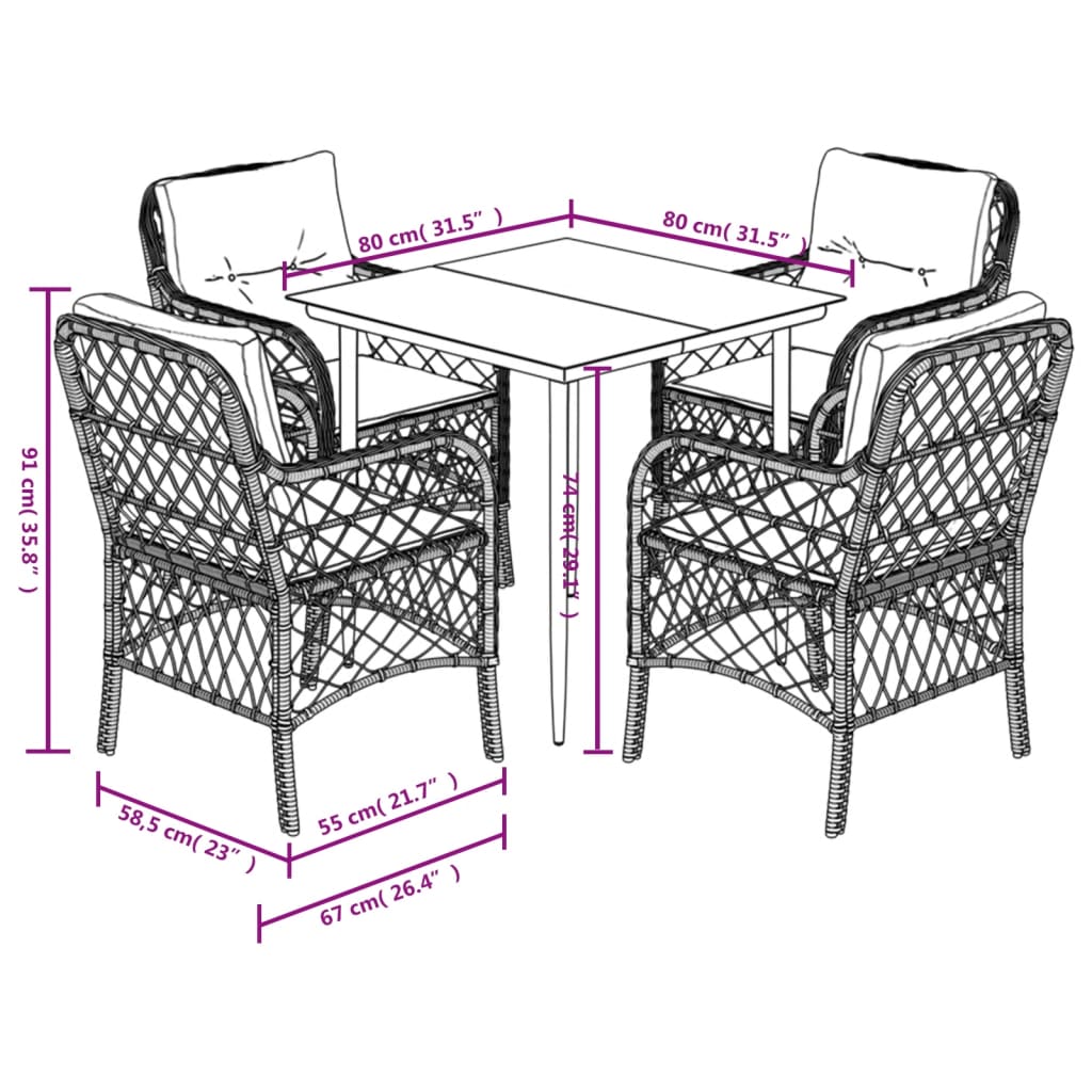 Set da Pranzo da Giardino 5pz con Cuscini in Polyrattan Marrone