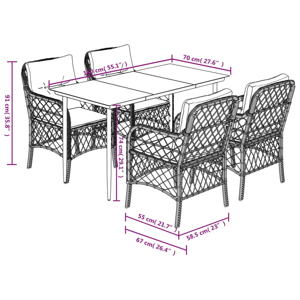 Set da Pranzo da Giardino 5pz con Cuscini in Polyrattan Marrone - homemem39
