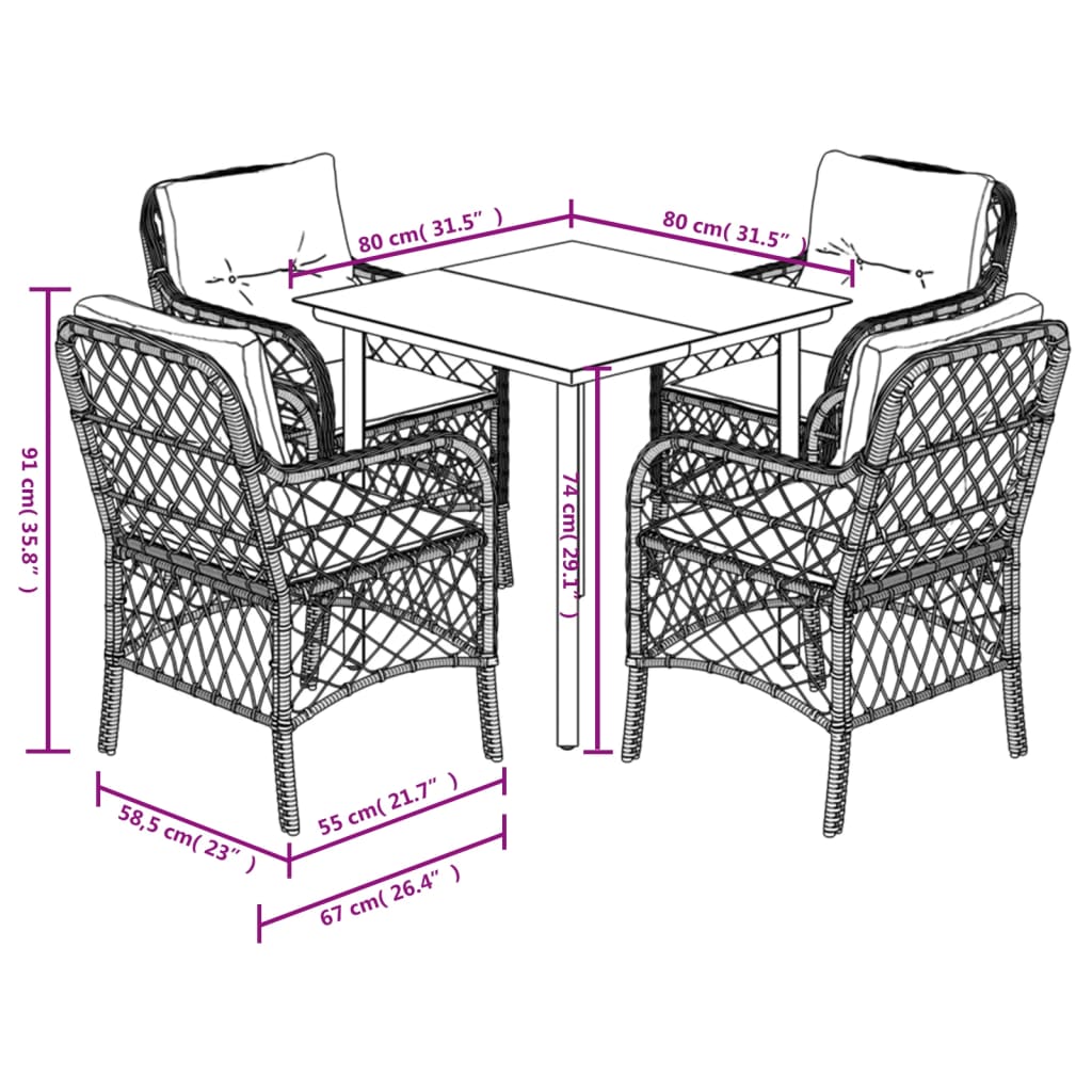 Set da Pranzo da Giardino 5 pz con Cuscini Beige in Polyrattan