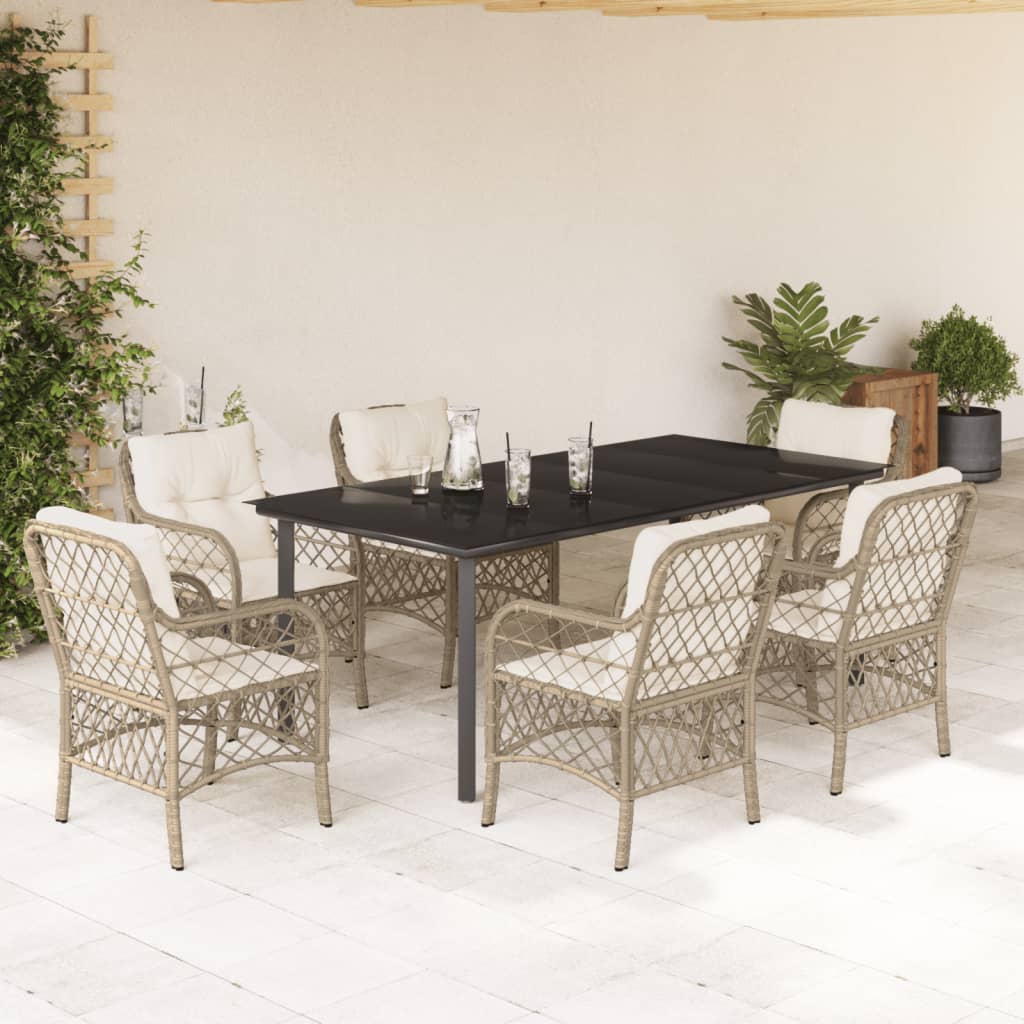 Set da Pranzo da Giardino 7 pz con Cuscini Beige in Polyrattan - homemem39