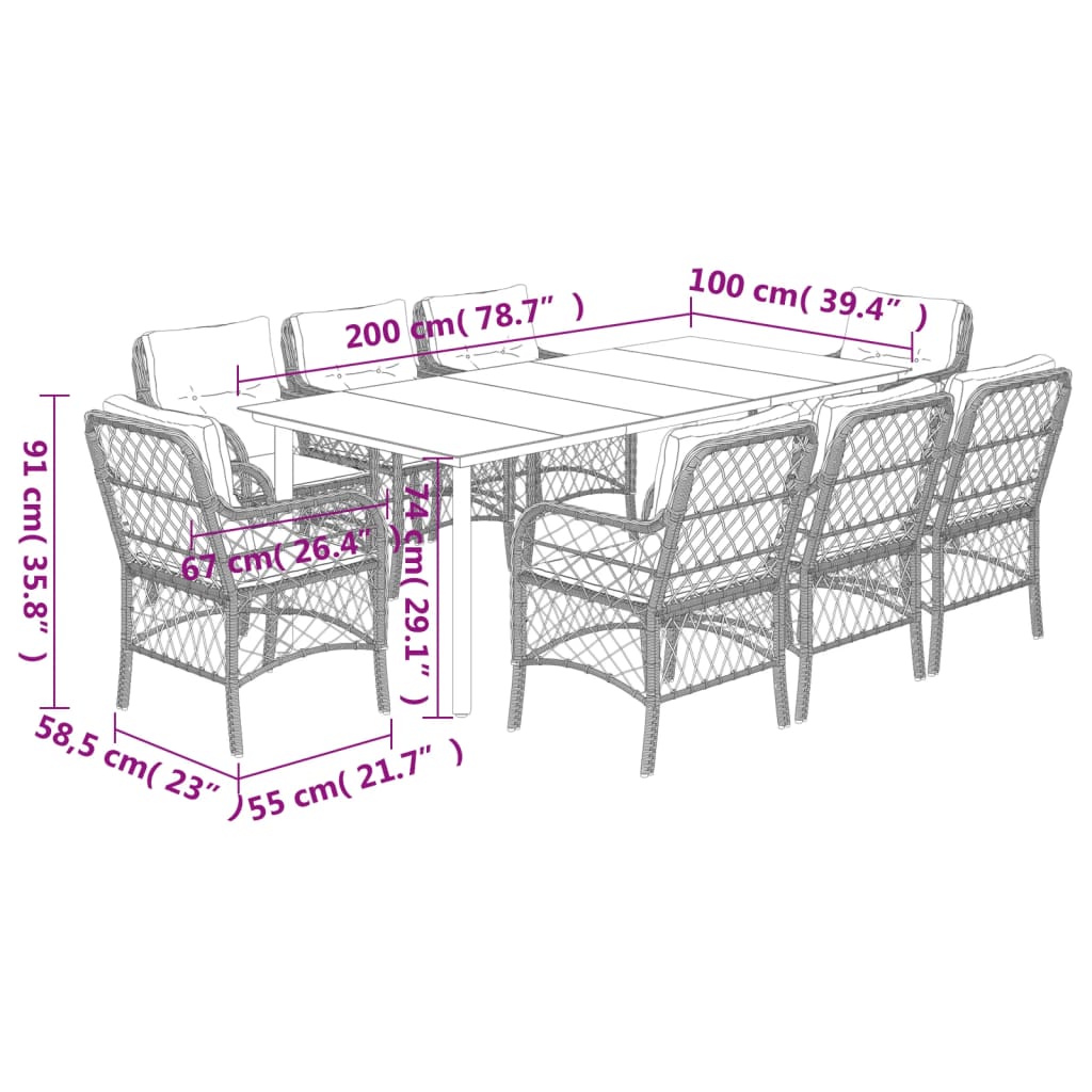 Set da Pranzo da Giardino 9 pz con Cuscini Beige in Polyrattan | homemem39