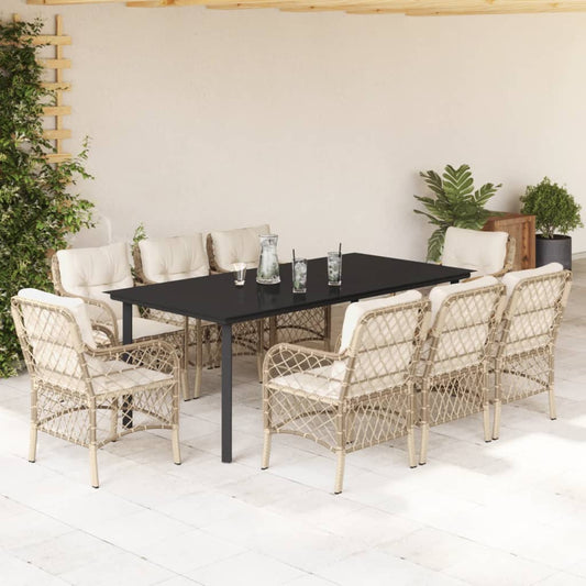 Set da Pranzo da Giardino 9 pz con Cuscini Beige in Polyrattan - homemem39