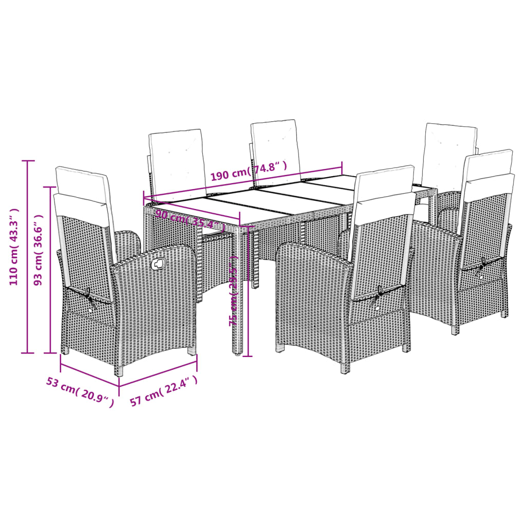 Set da Pranzo da Giardino 7 pz Nero con Cuscini in Polyrattan | homemem39