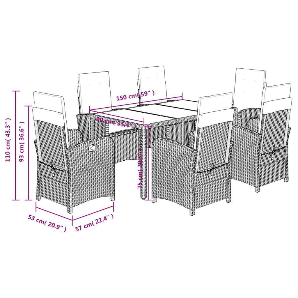 Set da Pranzo da Giardino 7 pz con Cuscini in Polyrattan Grigio | homemem39