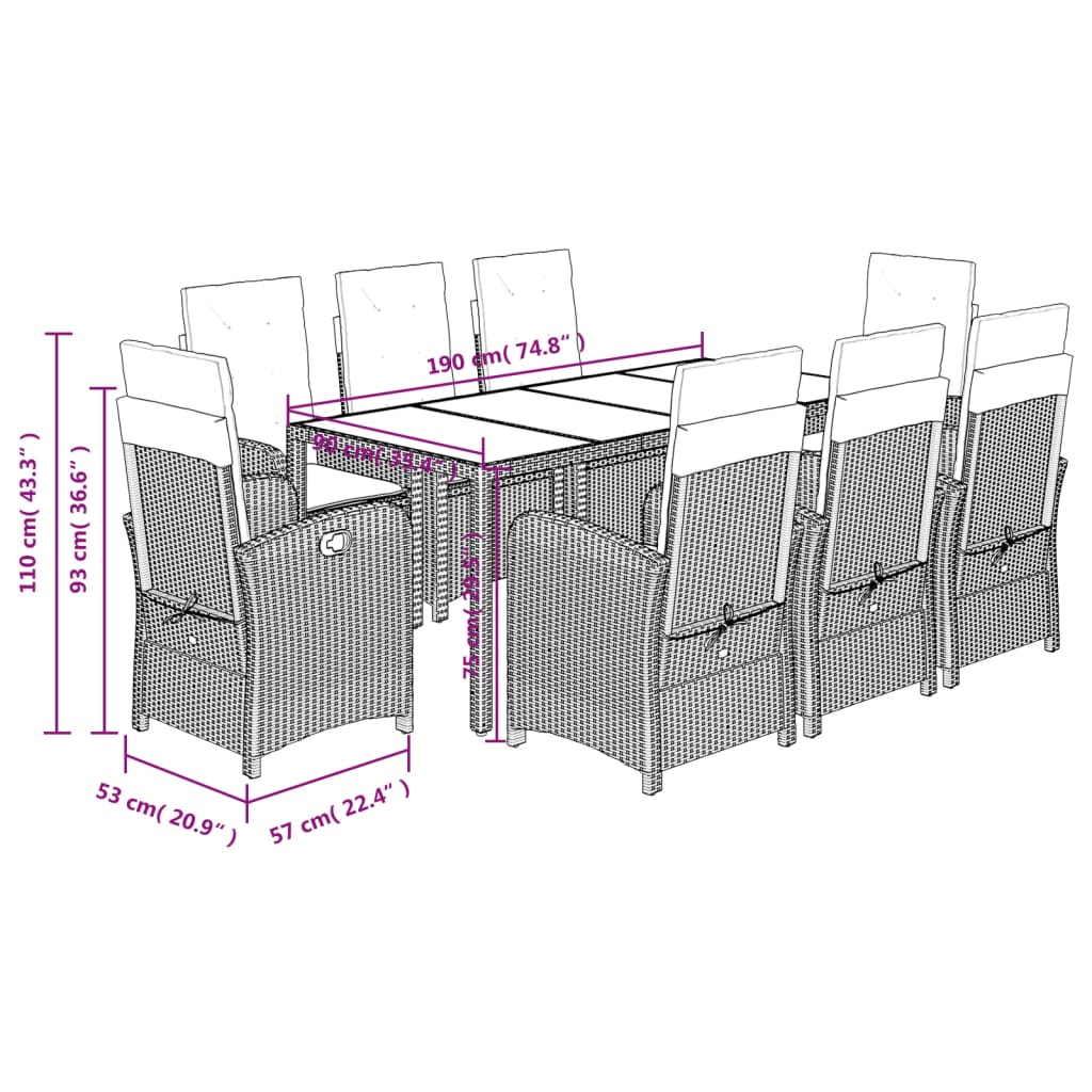 Set da Pranzo da Giardino 9 pz con Cuscini in Polyrattan Grigio | homemem39