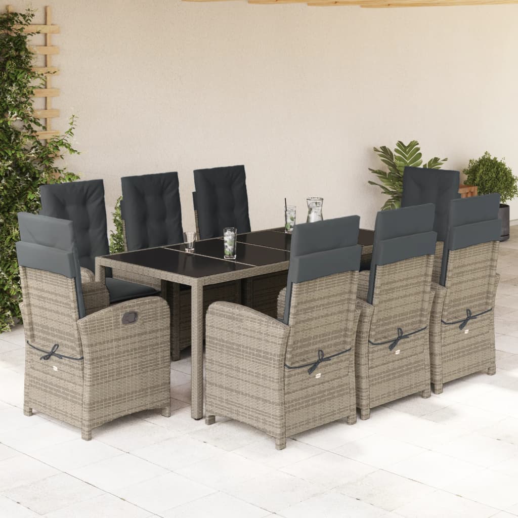 Set da Pranzo da Giardino 9 pz con Cuscini in Polyrattan Grigio - homemem39