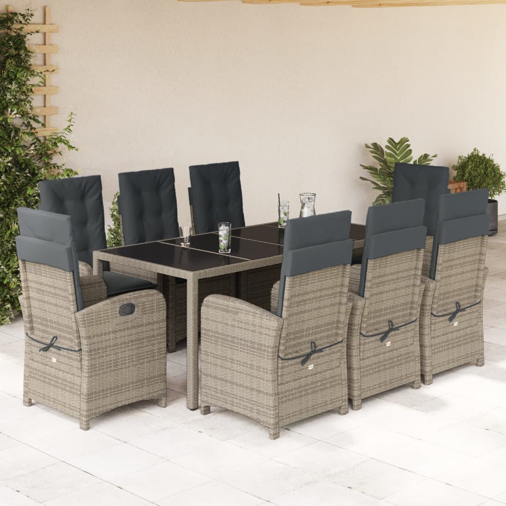 Set da Pranzo da Giardino 9 pz con Cuscini in Polyrattan Grigio - homemem39