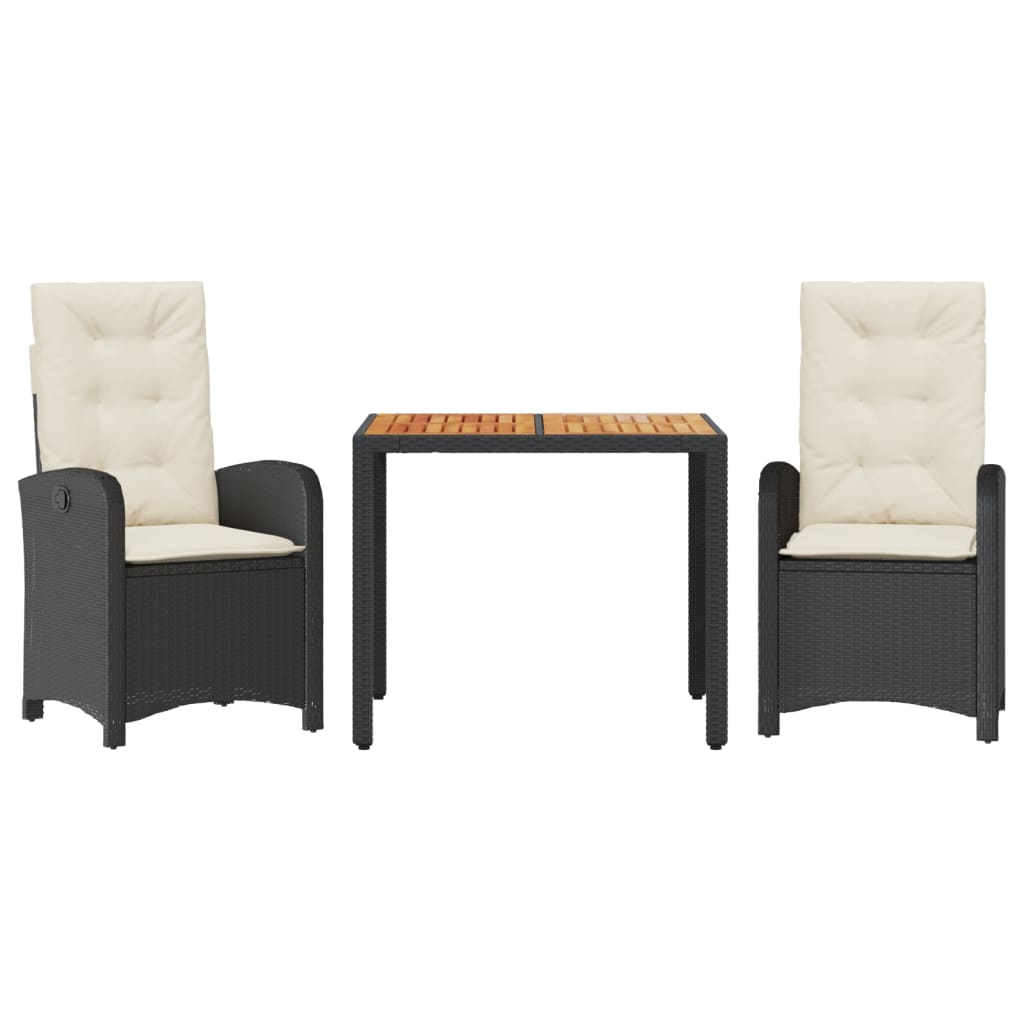 Set da Pranzo da Giardino 3 pz con Cuscini Nero in Polyrattan - homemem39