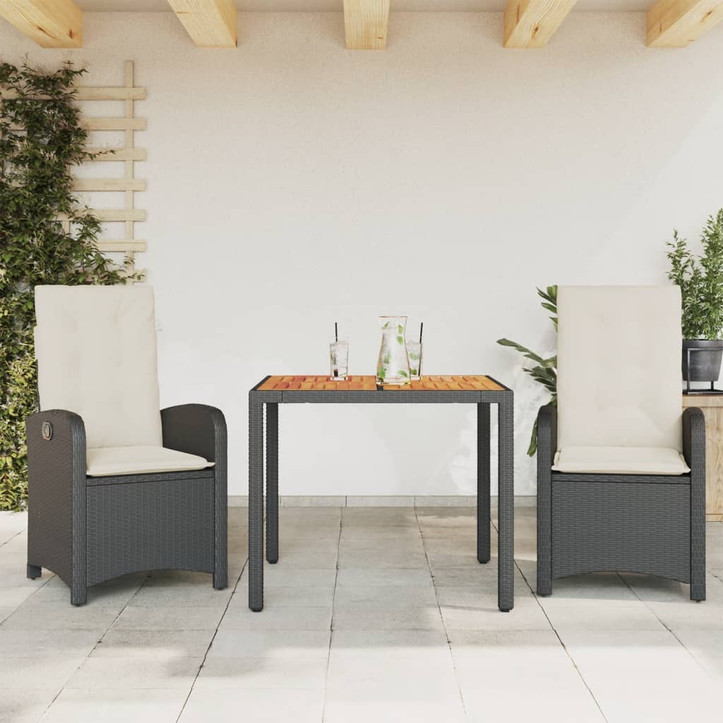 Set da Pranzo da Giardino 3 pz con Cuscini Nero in Polyrattan - homemem39